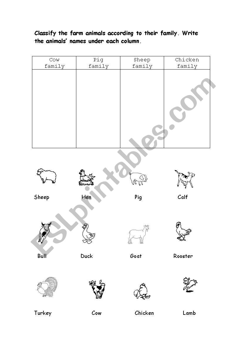 animal families worksheet