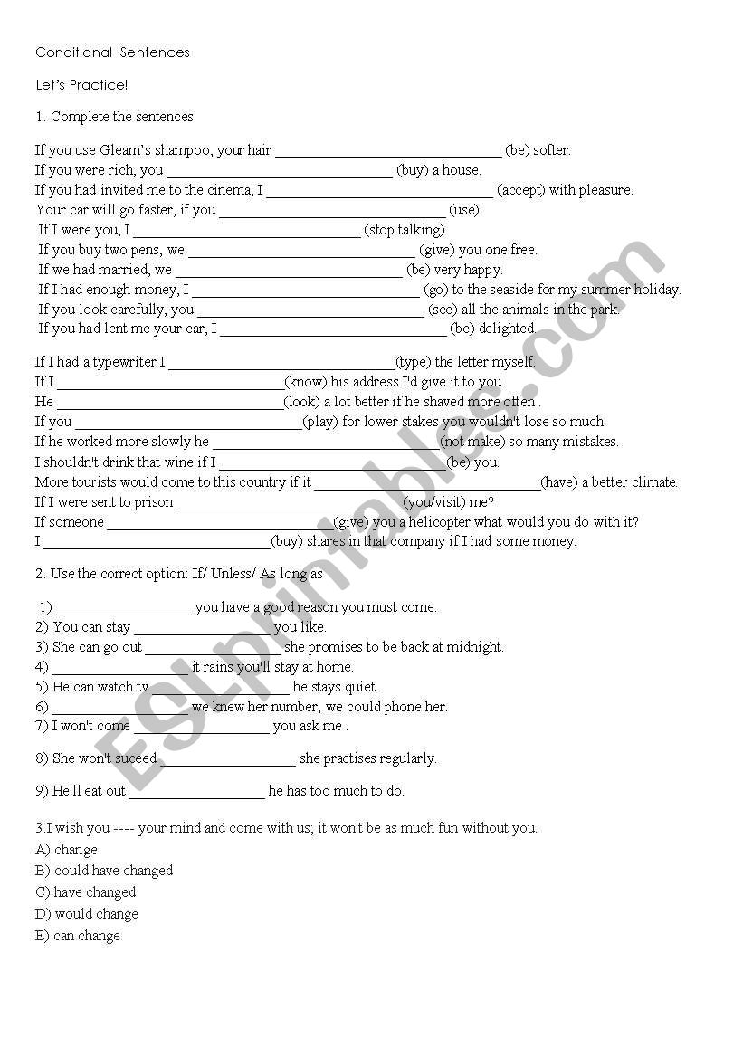 conditional senteces worksheet