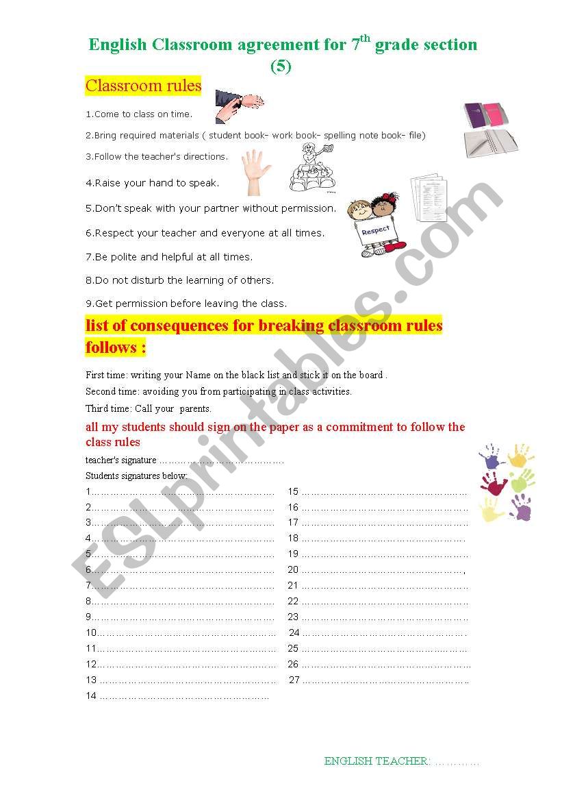 classroom agreement worksheet