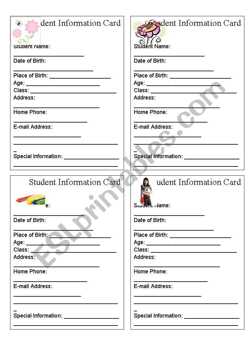 STUDENT INFORMATION CARD worksheet