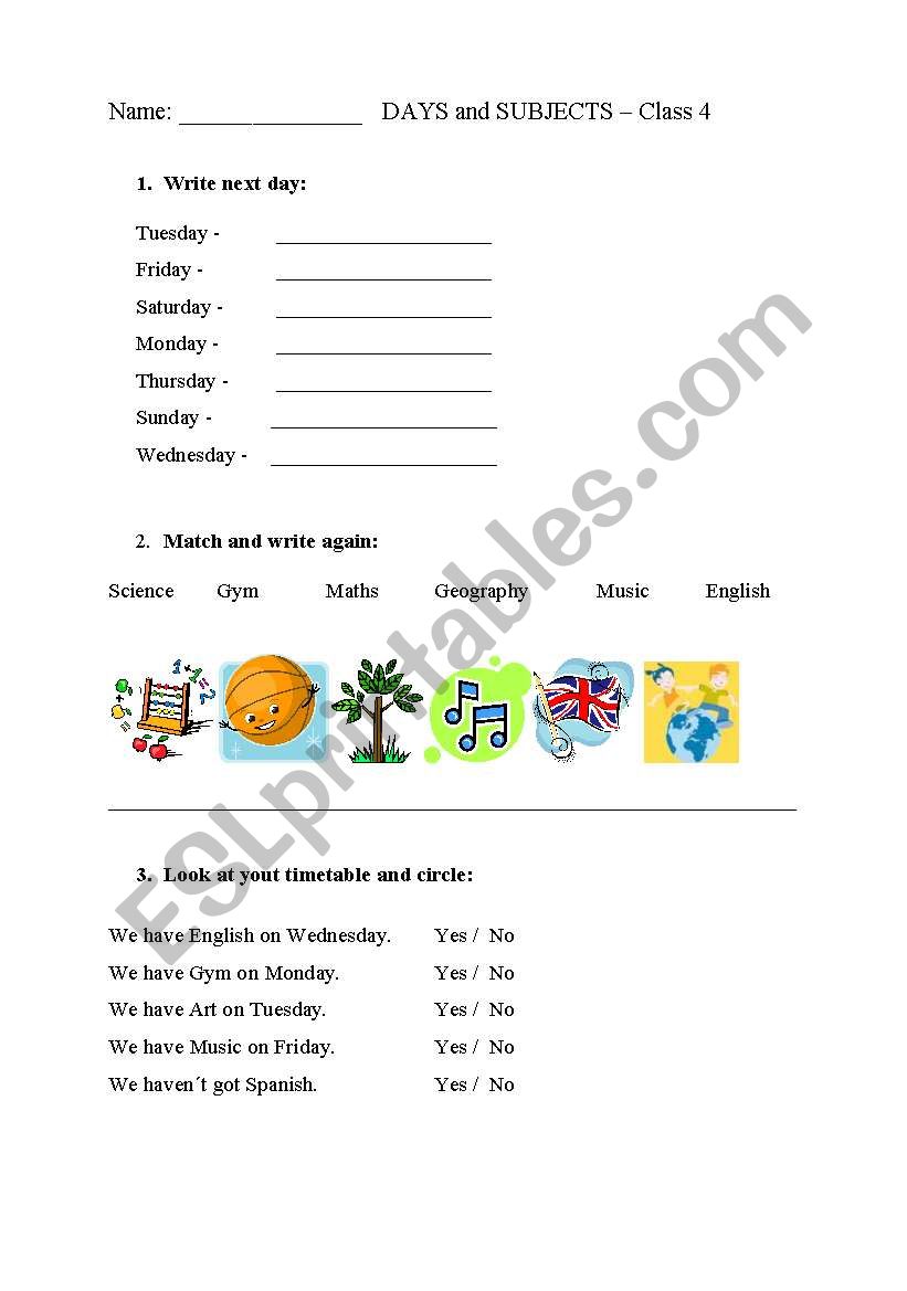 Days and School Subjects worksheet