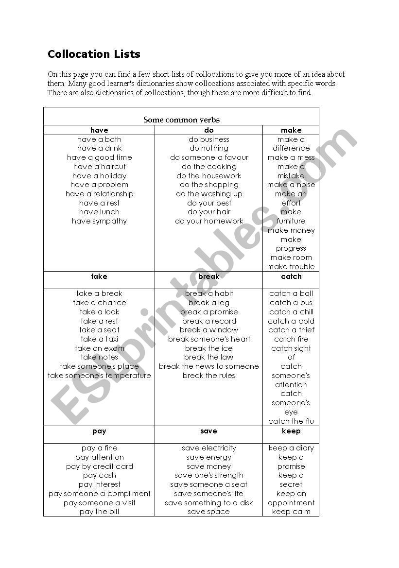 collocations worksheet