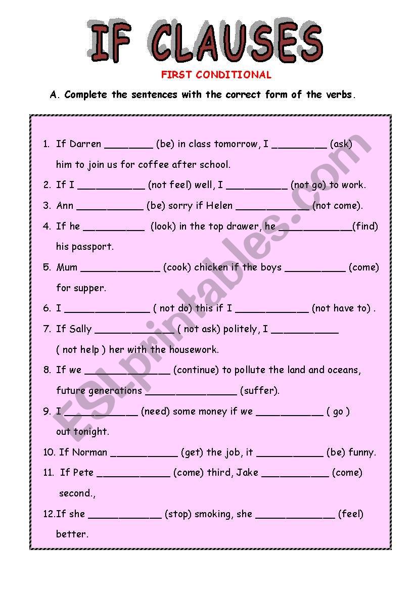 IF CLAUSES-1st CONDITIONAL worksheet