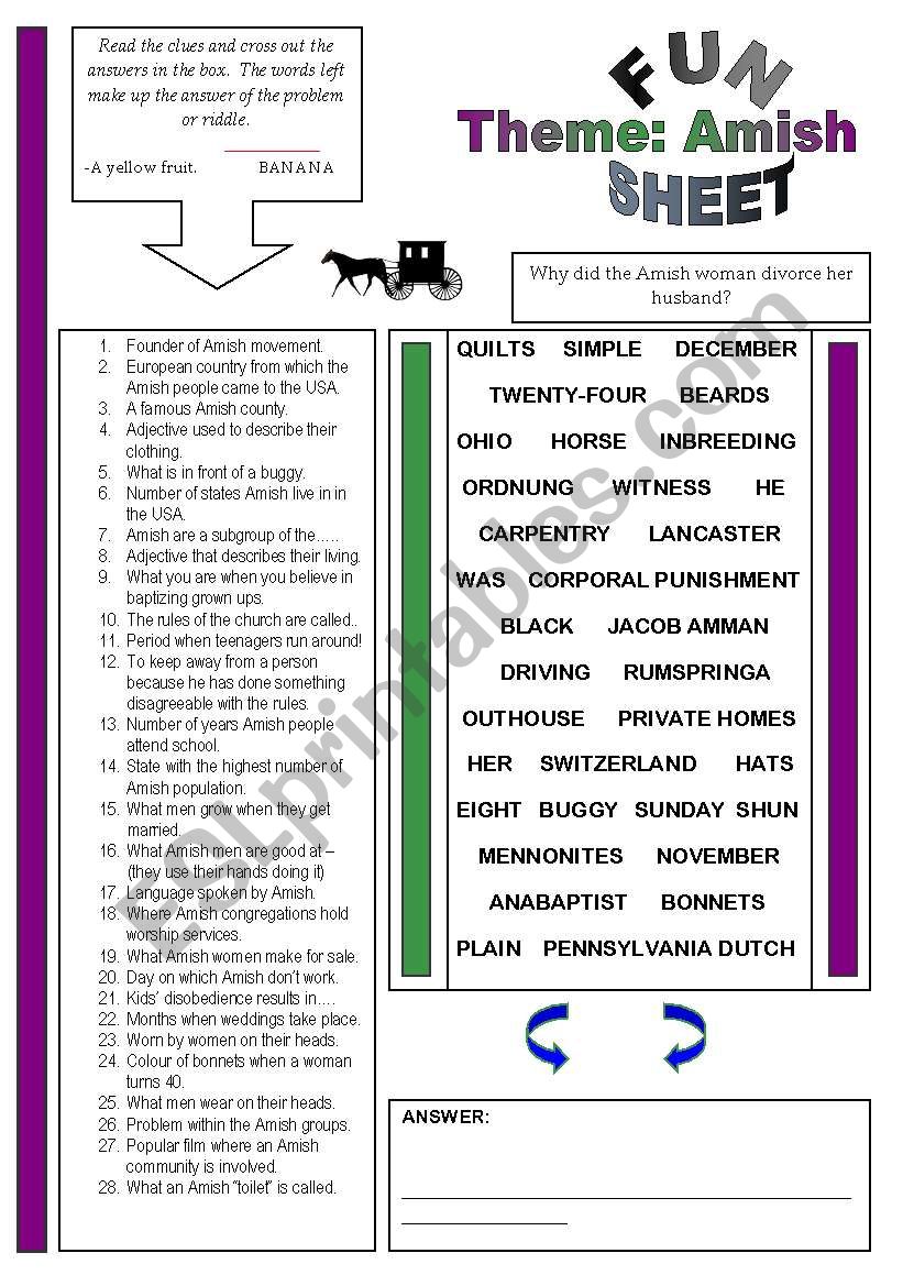 Fun Sheet Theme: Amish worksheet