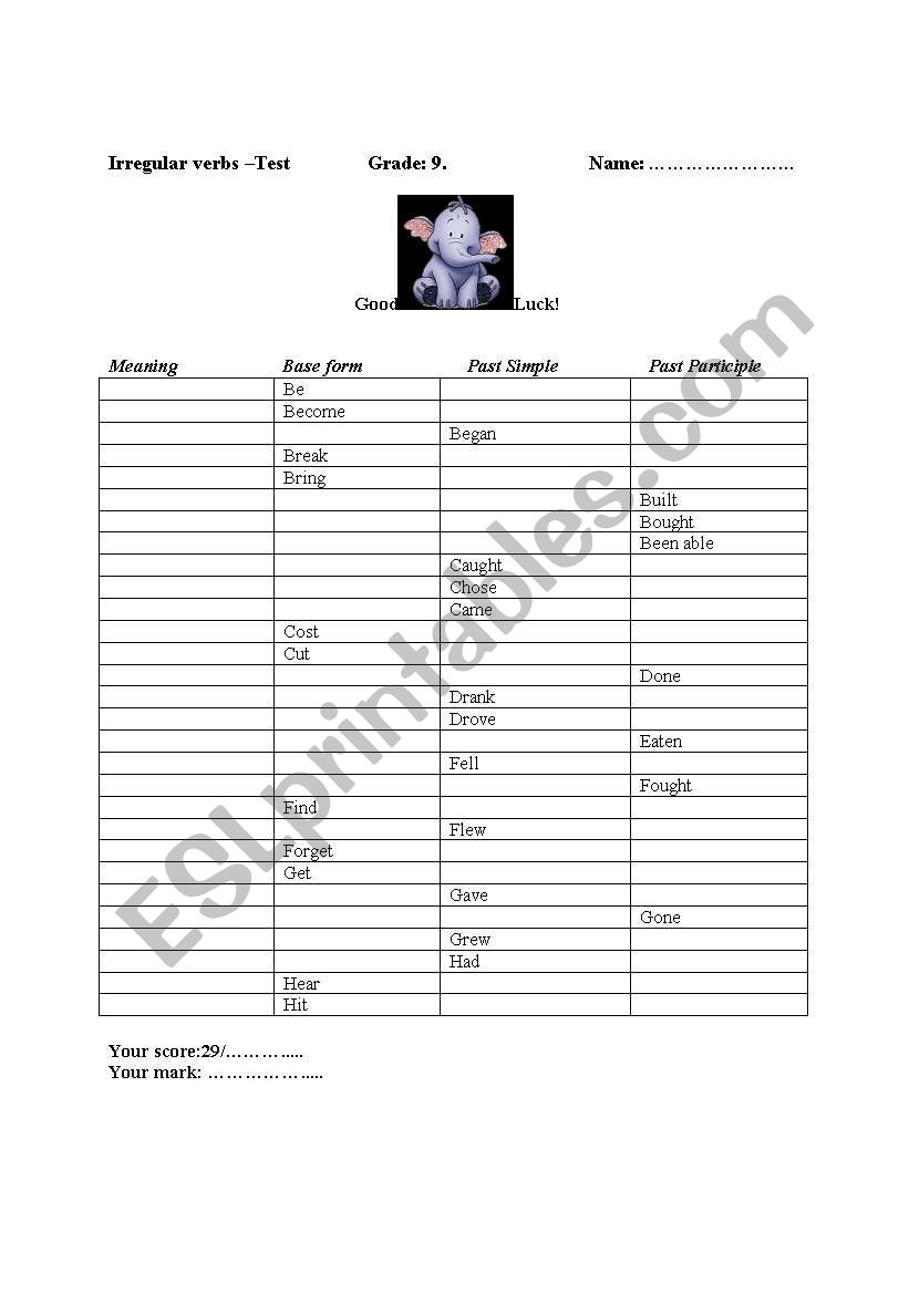 irregulars a--h worksheet