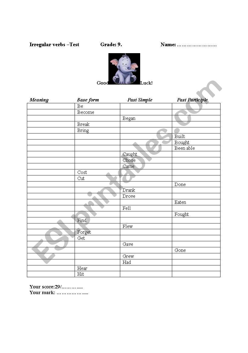 irregulars a--h worksheet