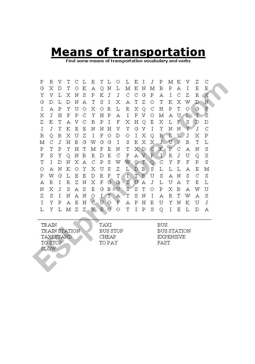 means of transportation word search