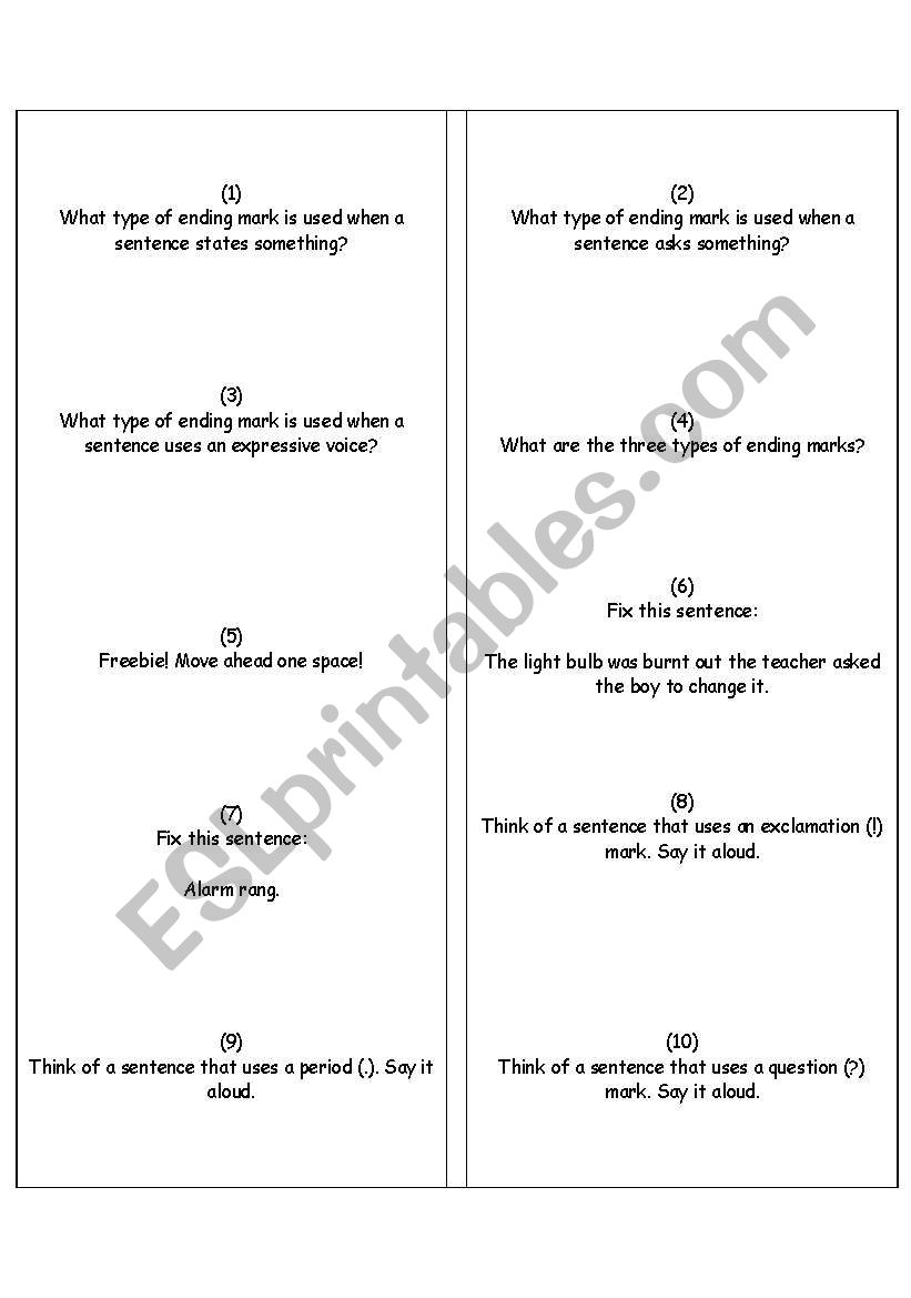 Card Game for Sentences worksheet