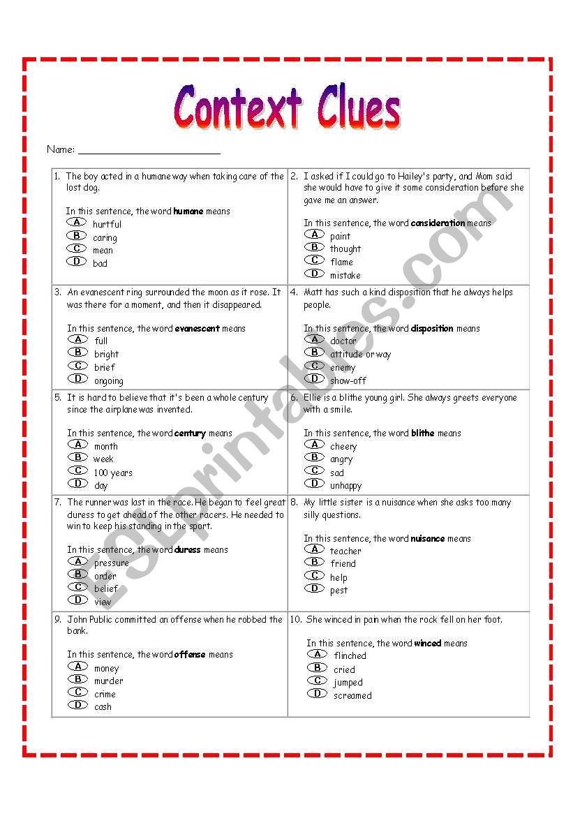 Context Clues Worksheet 2 worksheet