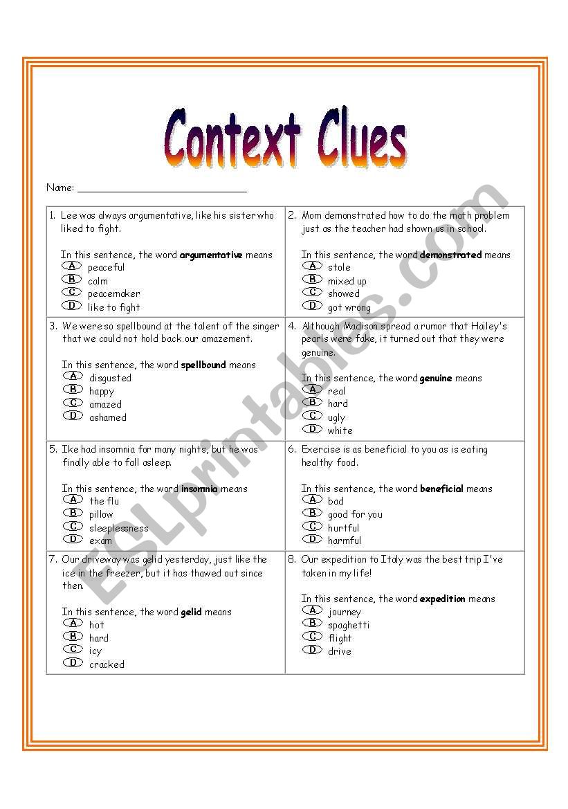 Context Clues Worksheet 3 worksheet
