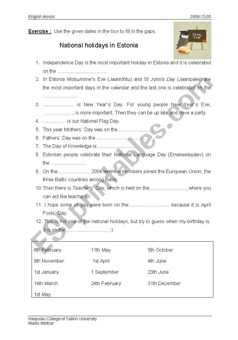 National holidays in Estonia worksheet