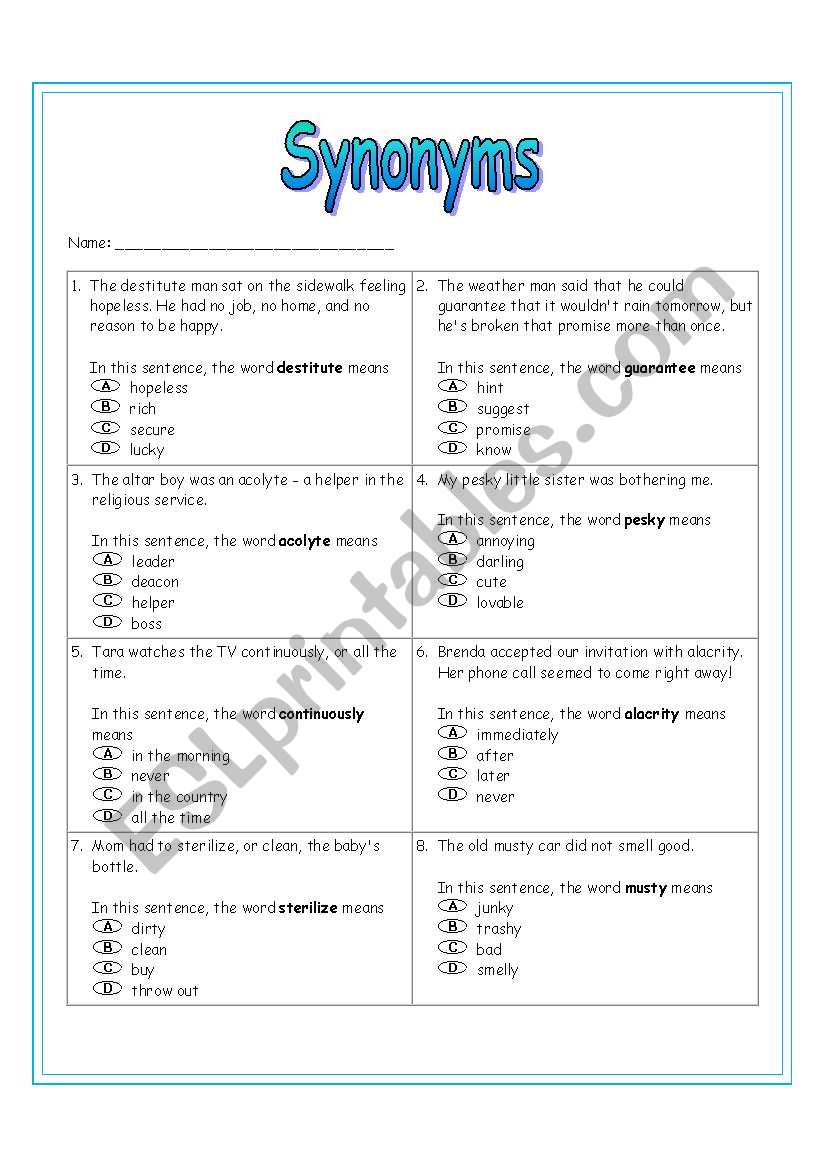 Synonyms Worksheet 1 worksheet