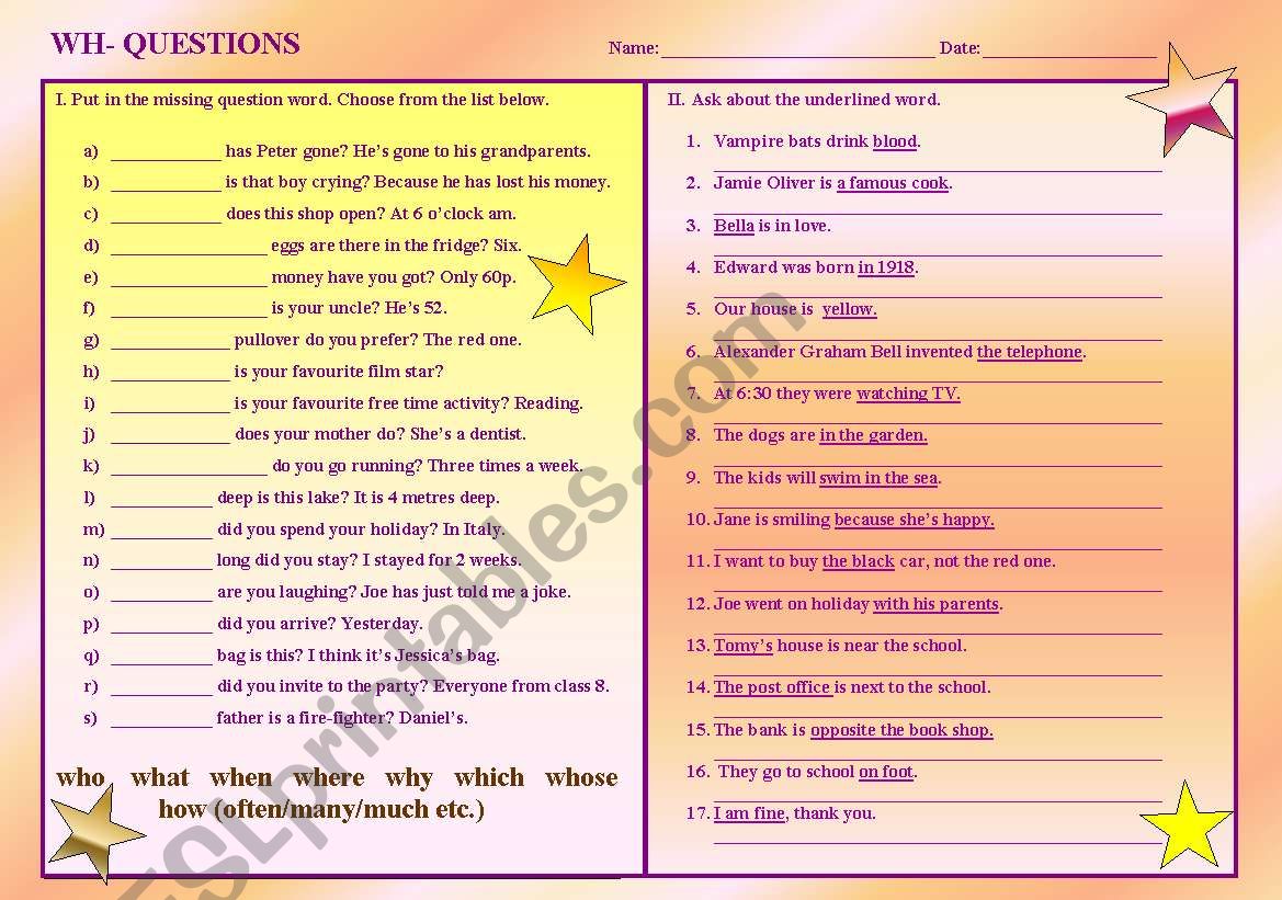 Wh- questions worksheet