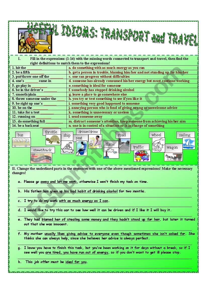 transport and travel idioms worksheet