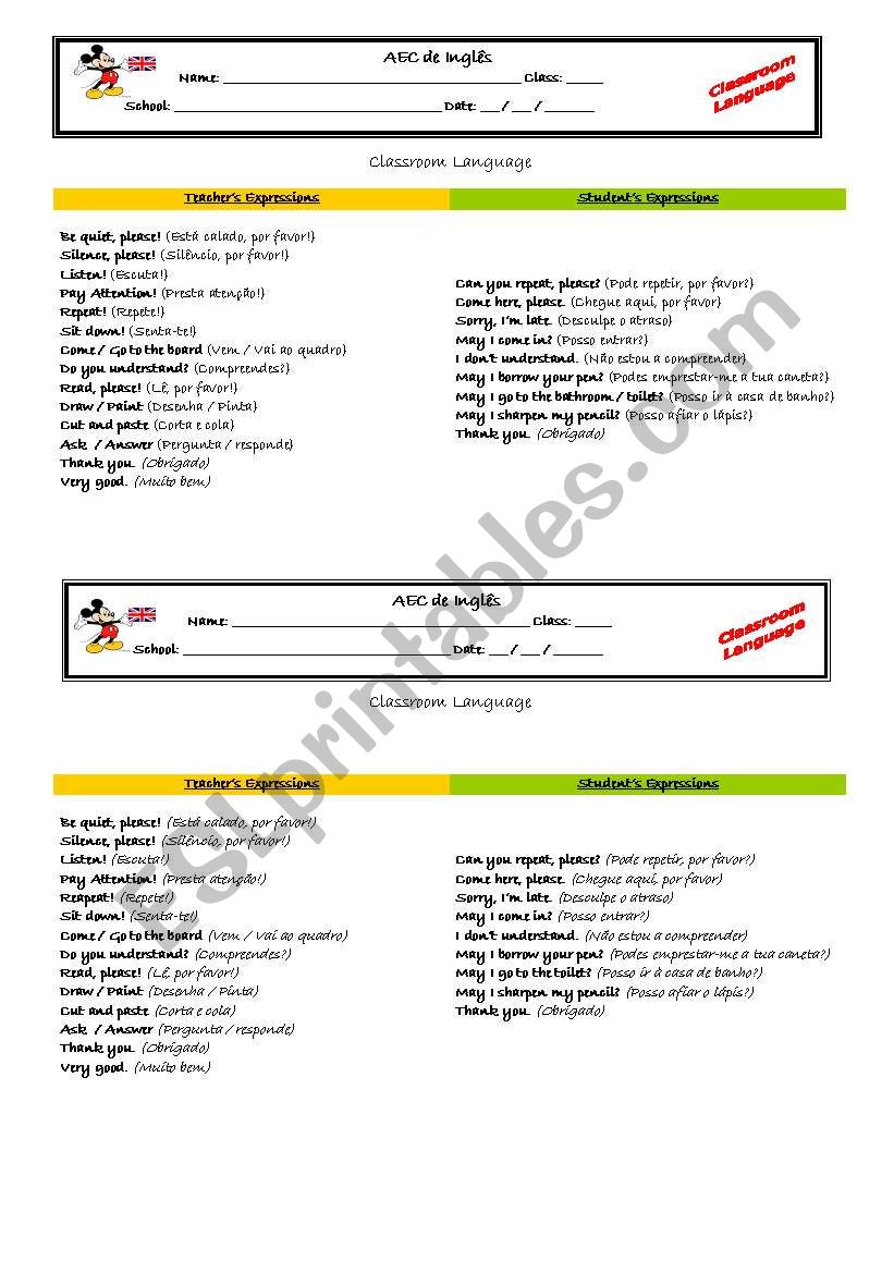 classroom language worksheet