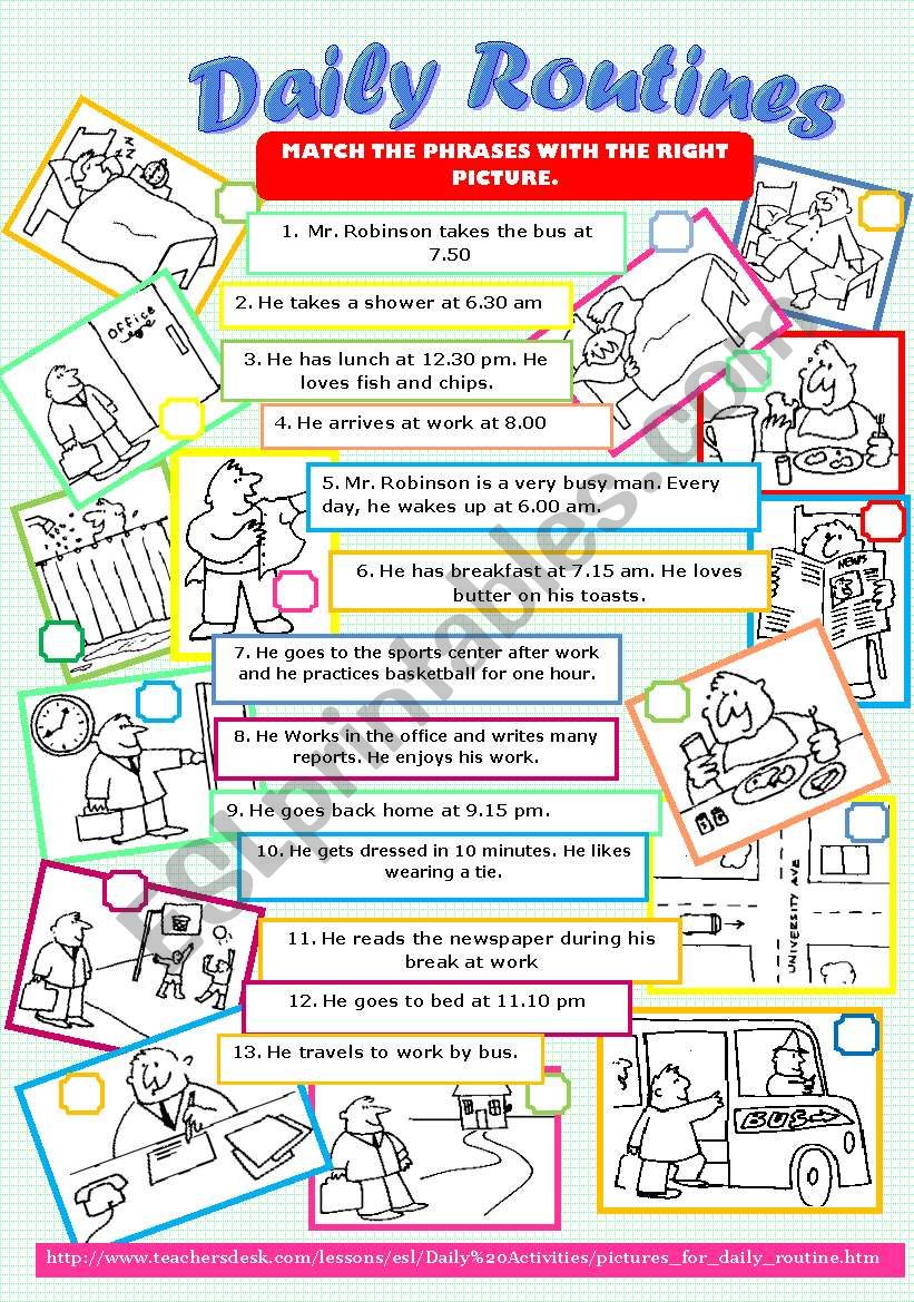 DAILY ROUTINES. Practice present simple (+  -  ?) . Organize the sequence of actions into a paragraph. Linking words. Write questions for the answers. Write the time. 