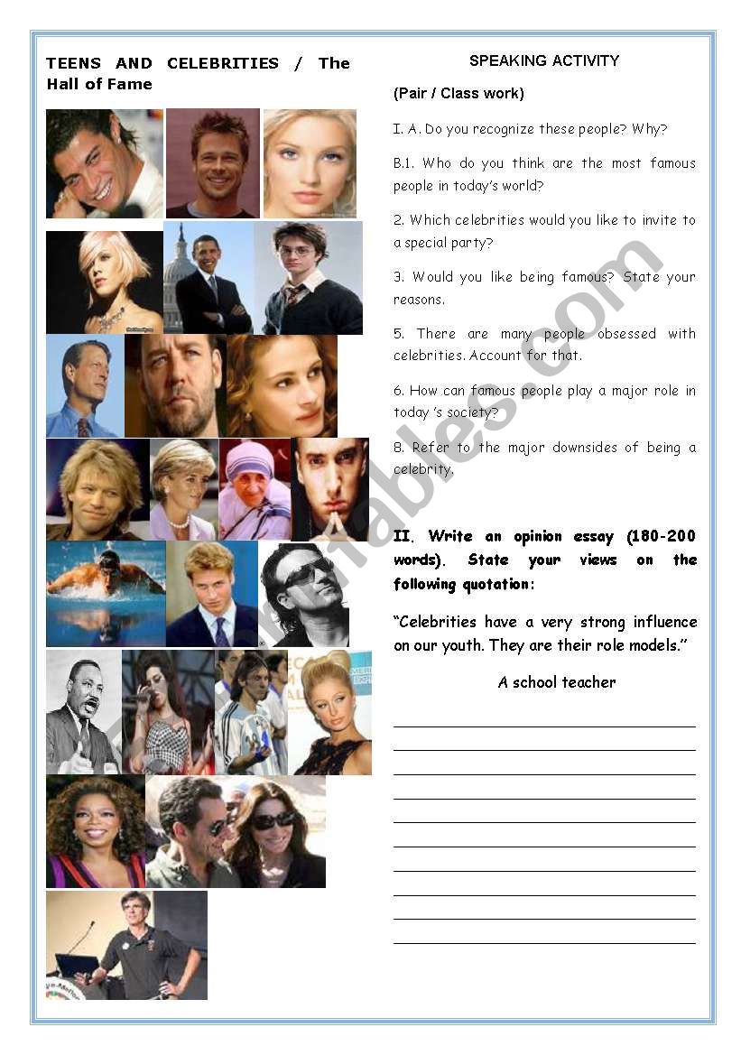 Conversation/Writing -TEENS AND CELEBRITIES - ESL worksheet by