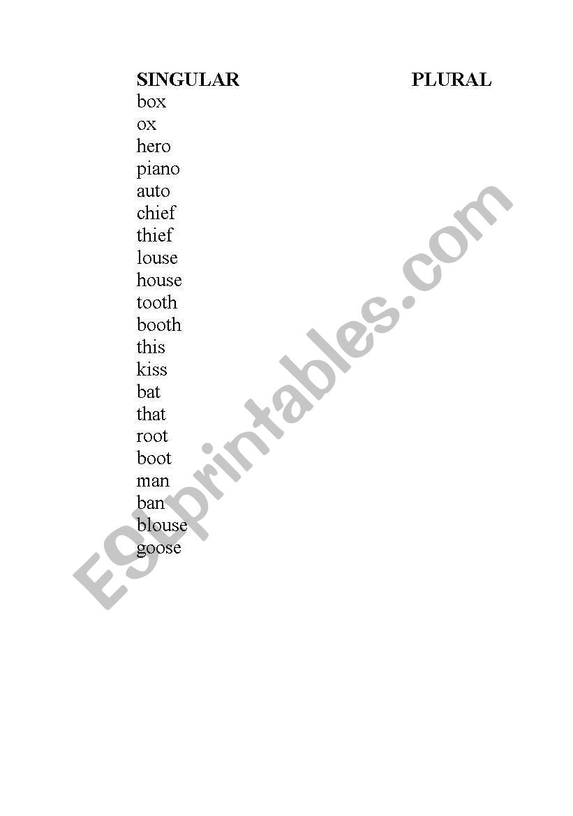 singular plural worksheet