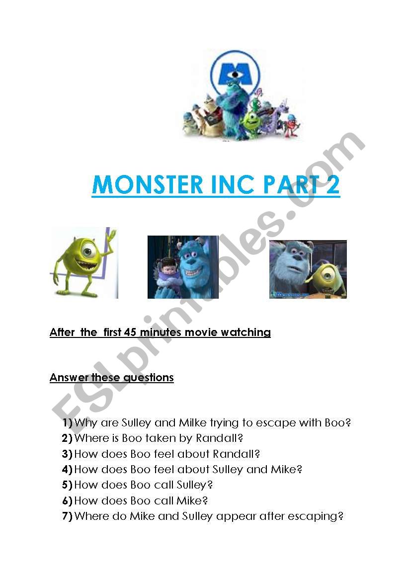 MONSTER INC PART 2 worksheet