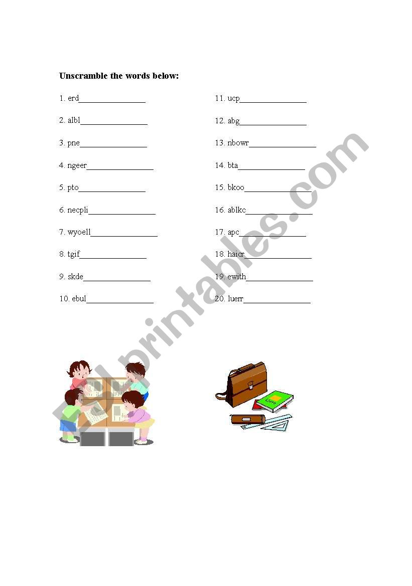 Classroom Object Word Scramble