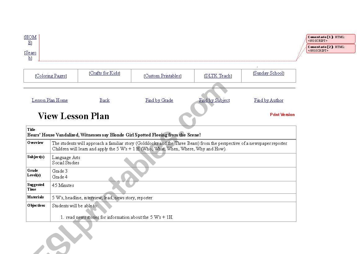 Three bears worksheet