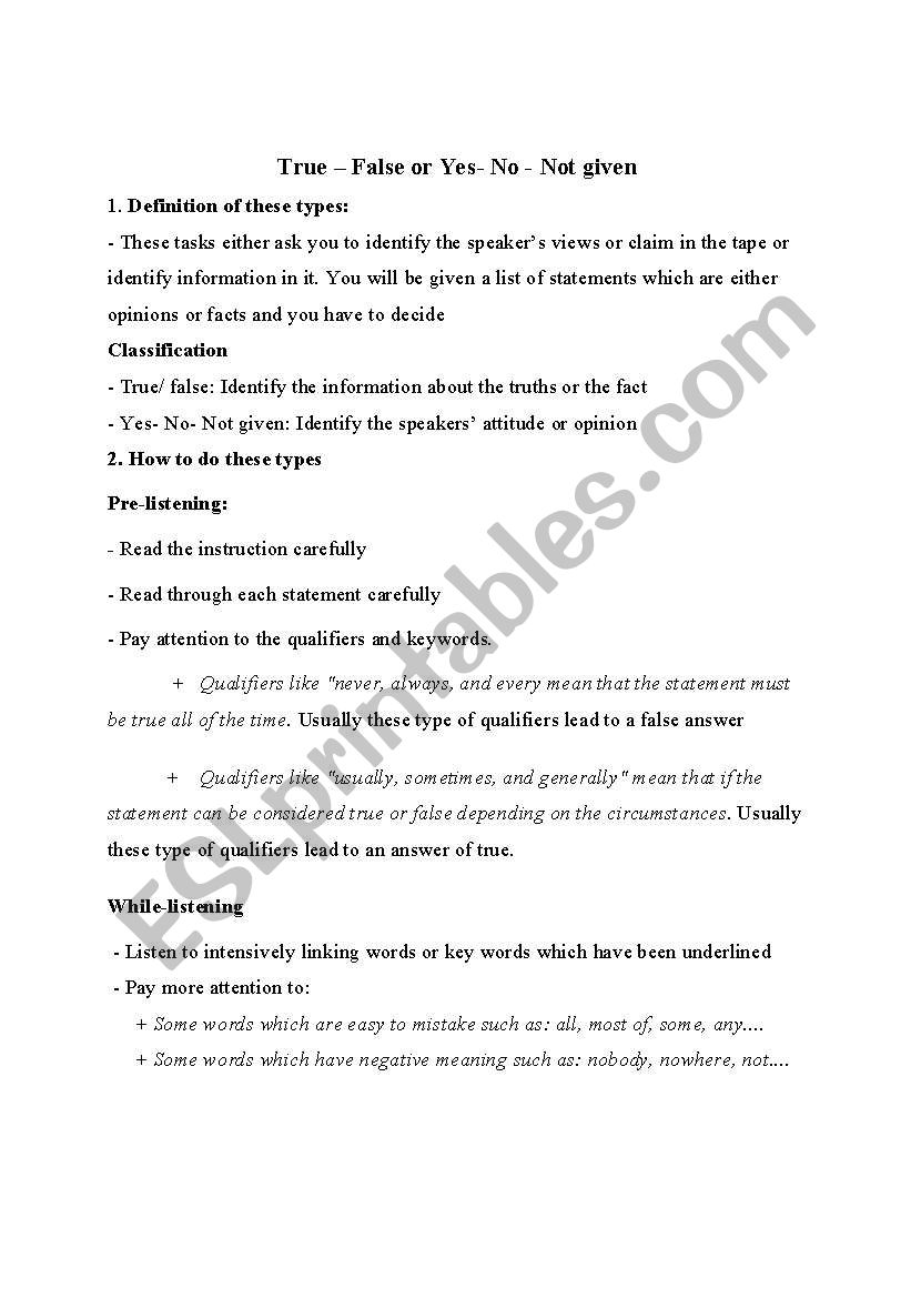 Some tips for True/ False or Not Given exercises in listening skill