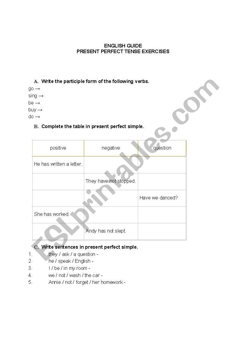 present perfect tense worksheet
