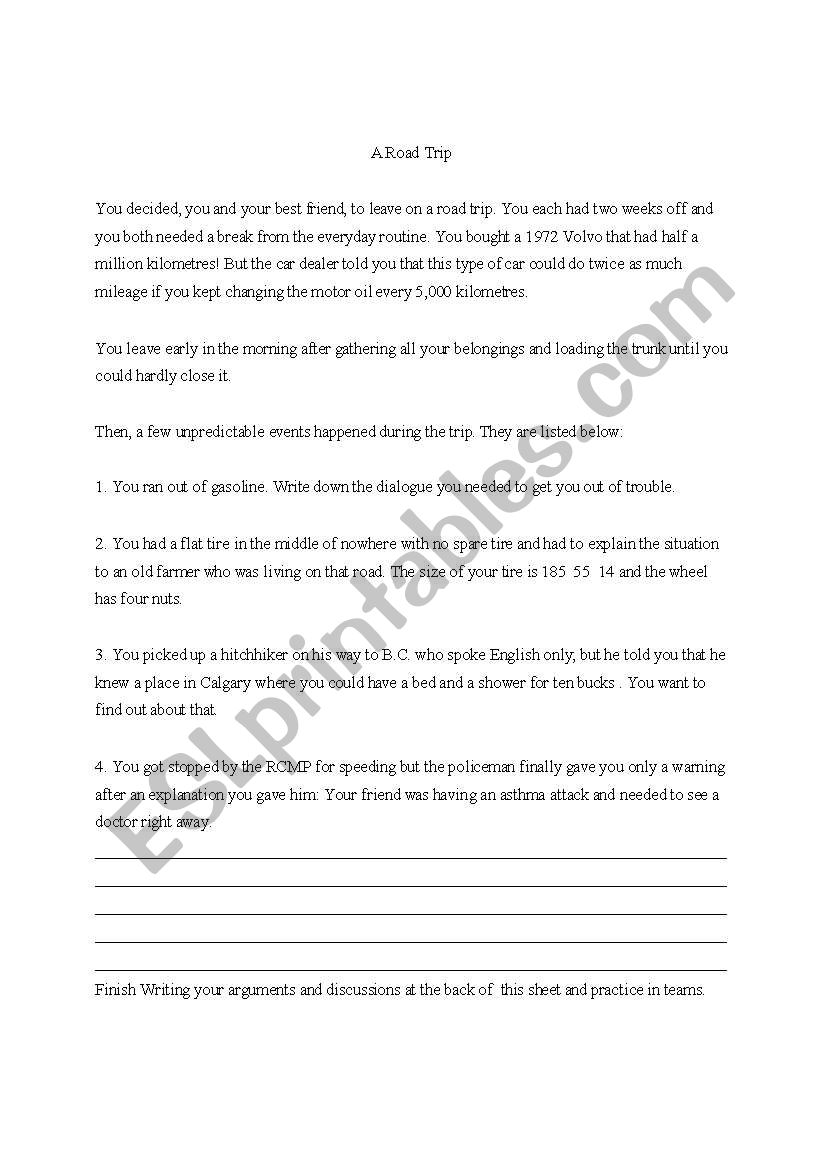 A Road Trip: Role play worksheet
