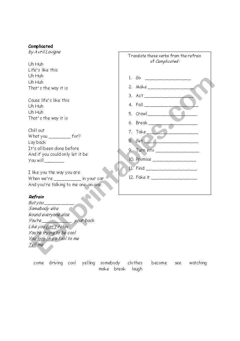 Complicated by Avril Lavigne: Gap Exercise 