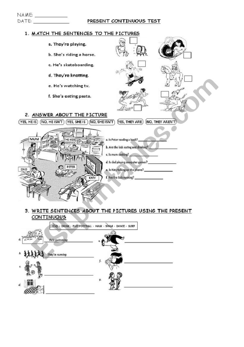 Present Continuous Test worksheet