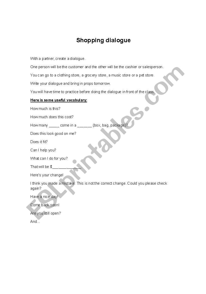 Shopping Dialogue worksheet