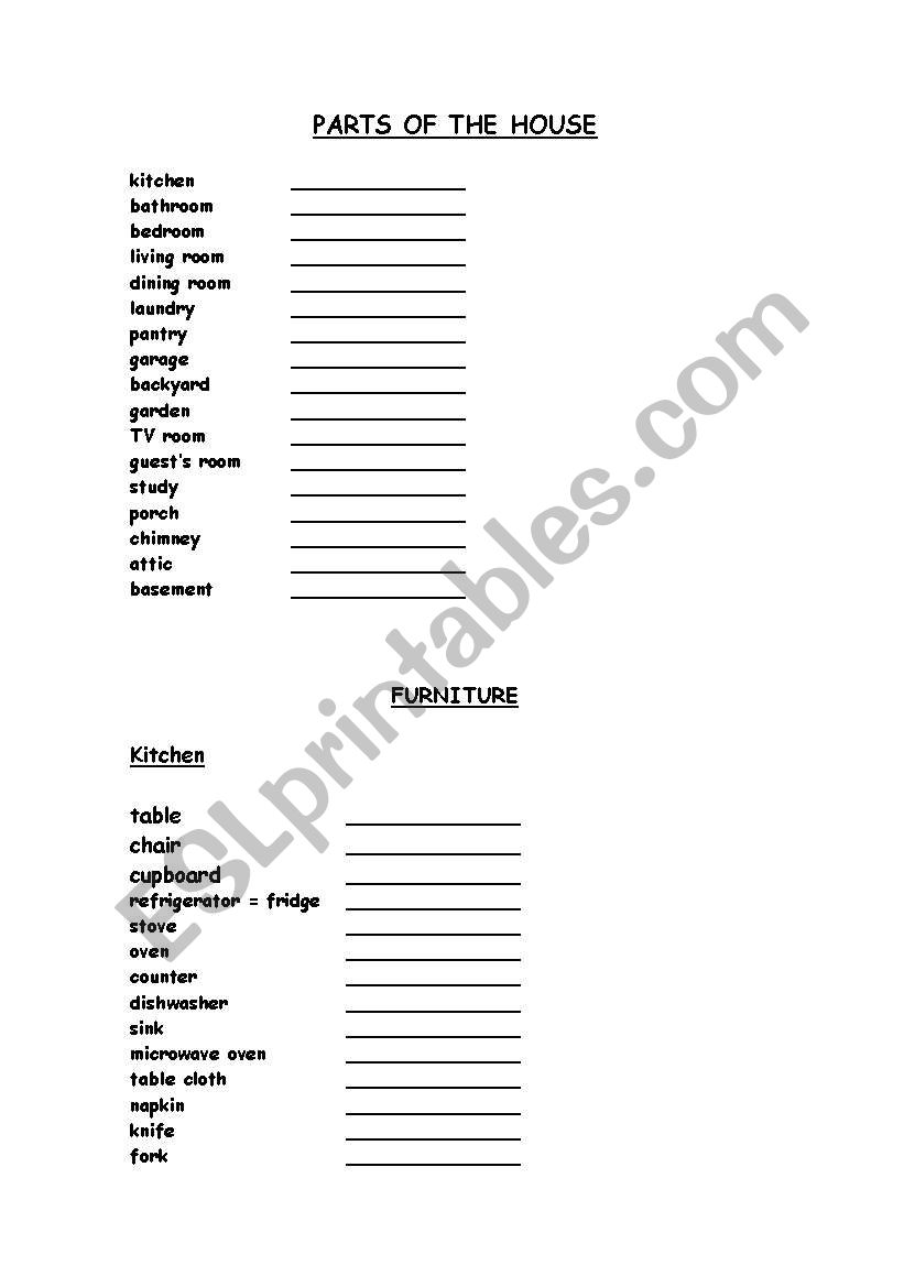 Parts of the house worksheet