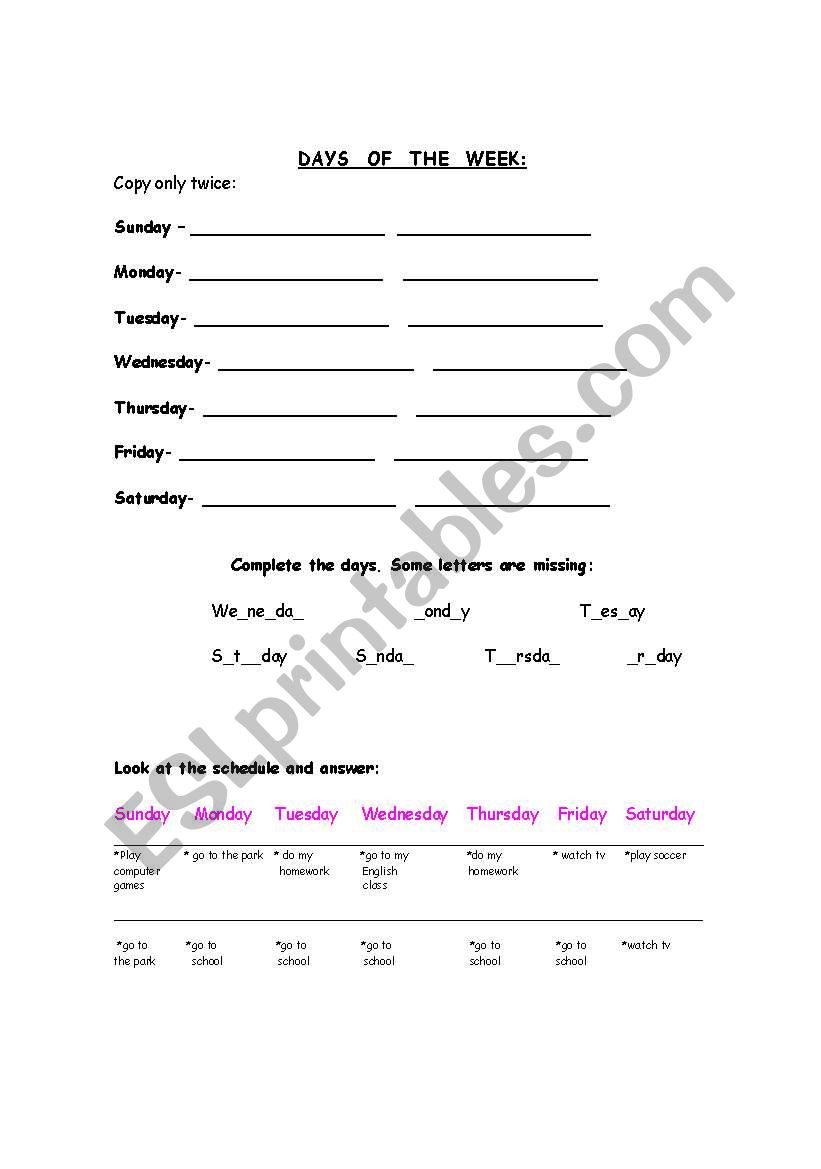 Days of the week worksheet