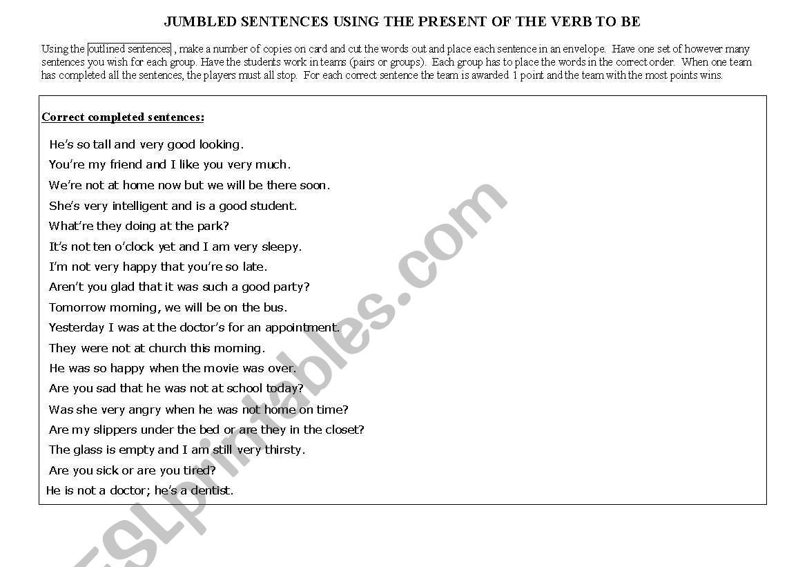 Jumbled sentences using verb TO BE with contractions