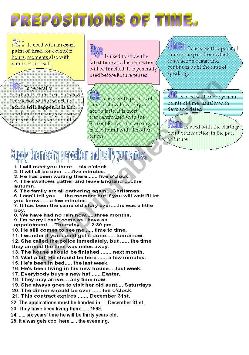 PREPOSITIONS OF TIME . AT- IN- FOR- SINCE- FROM.- ON. 