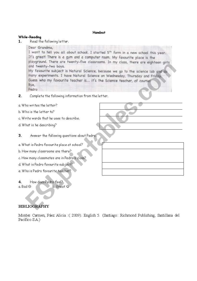 Reading letter handout worksheet