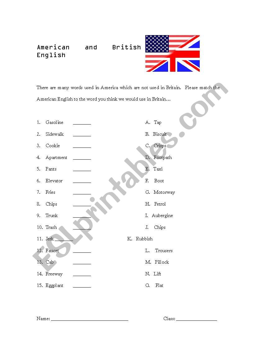 American vs British English - a work sheet