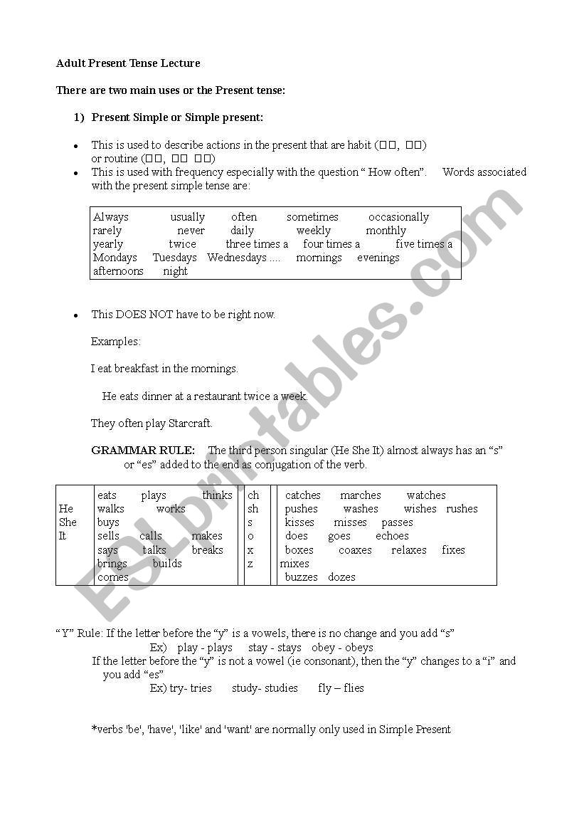 Present Simple Tense Review  (S versus ES Versus Y-IES)