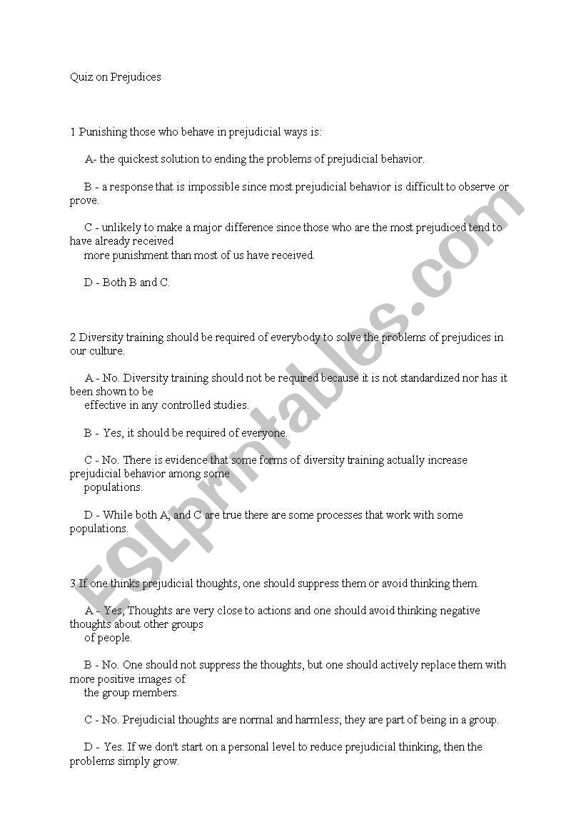 quiz on prejudice worksheet