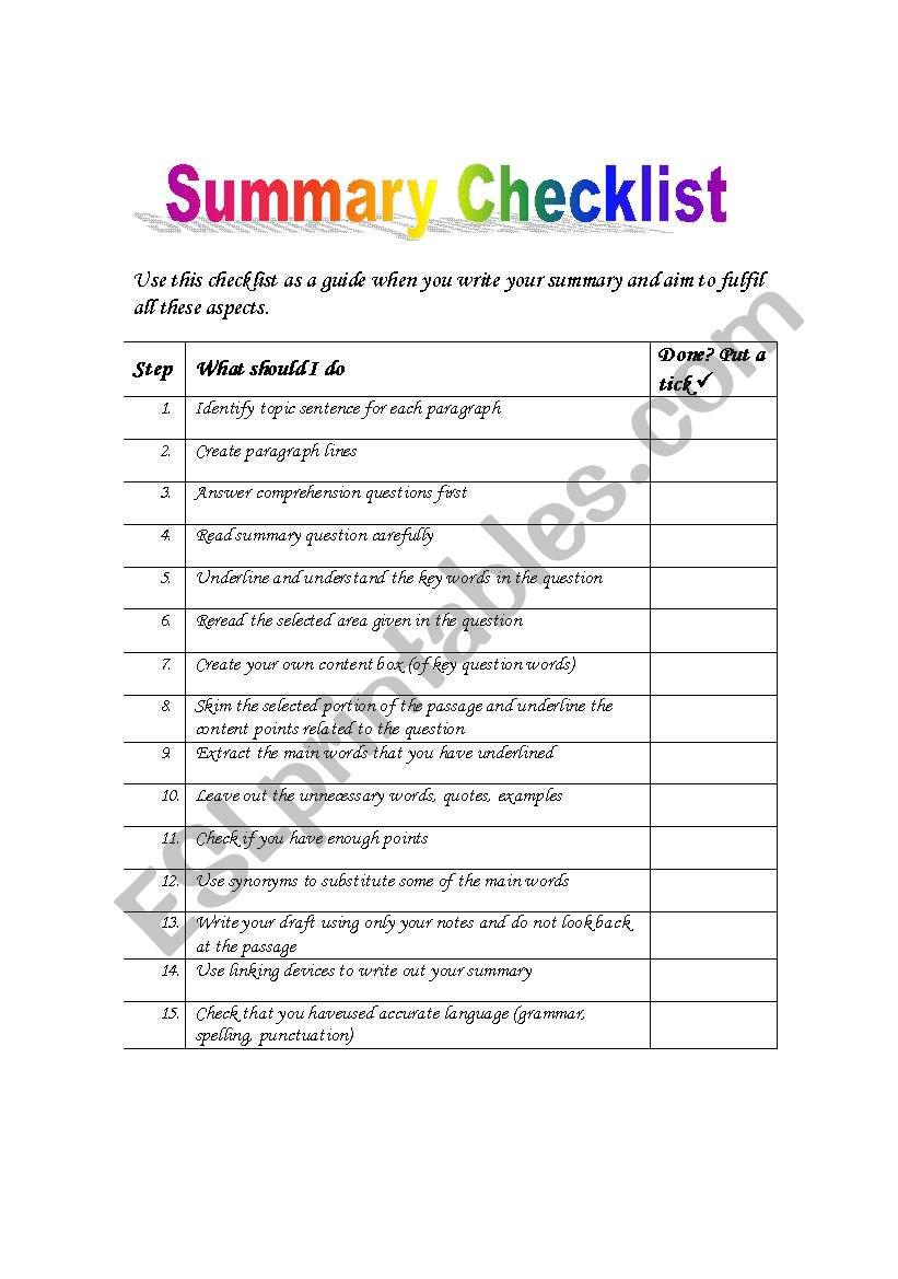 Summary Checklist worksheet