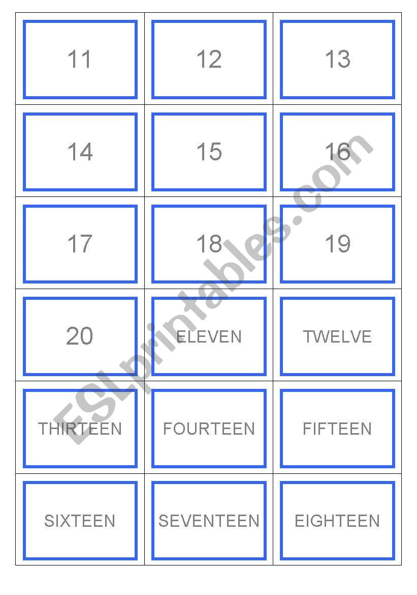 Memory game; numbers 11 to 20 worksheet