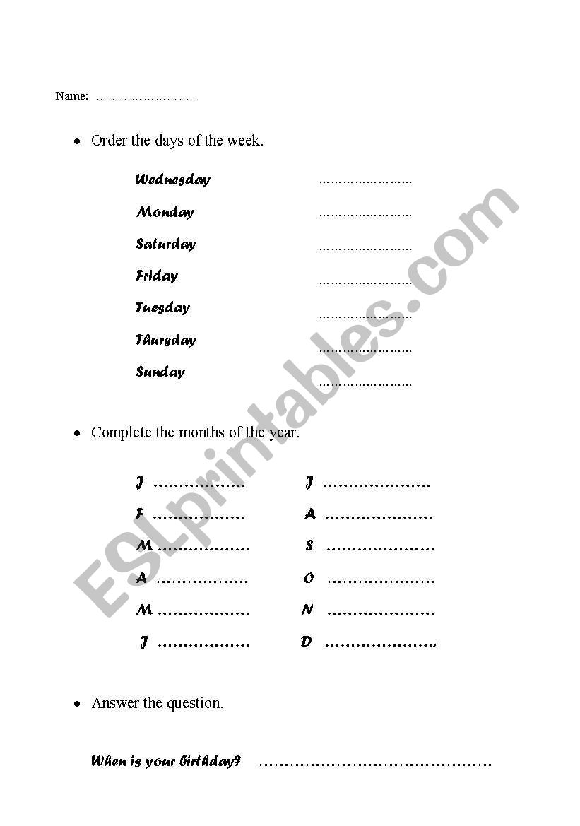 Days of  the week worksheet