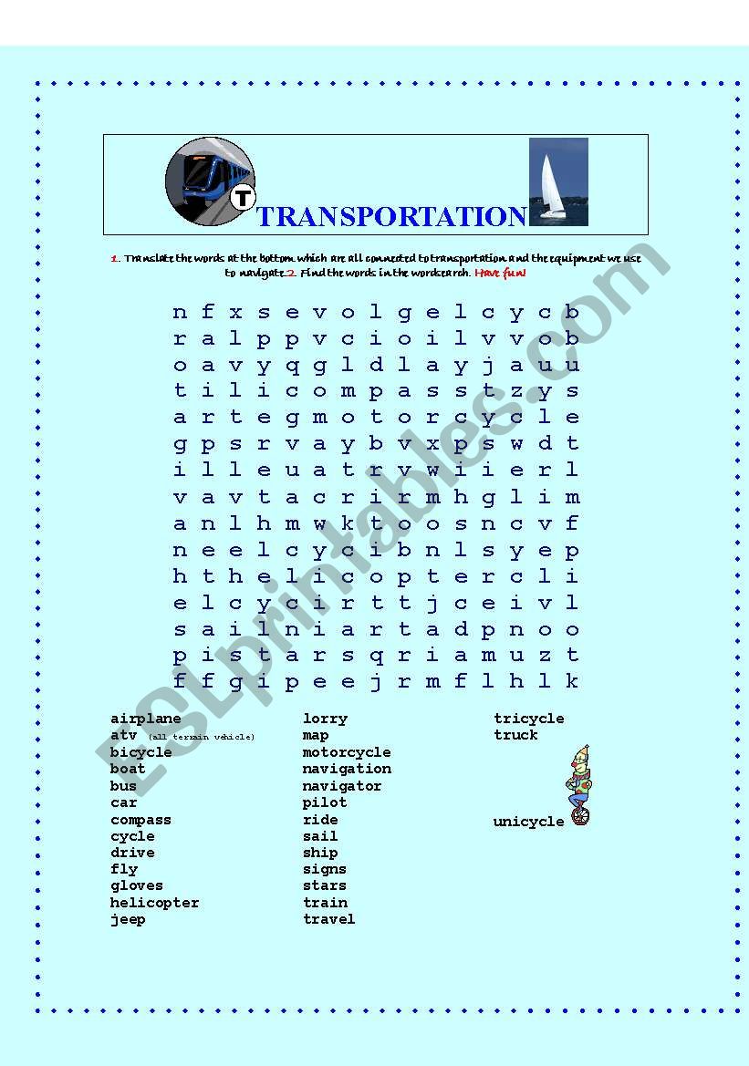 Transportation Wordsearch worksheet