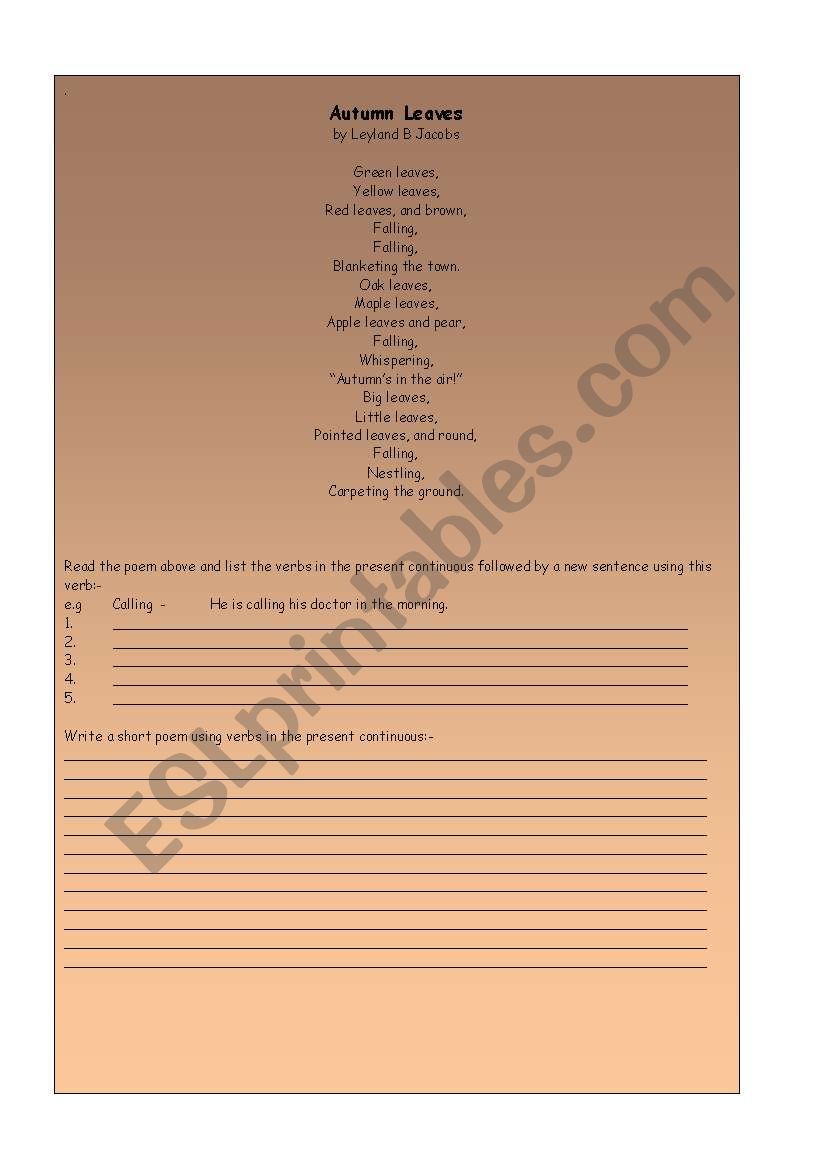 Autumn present continuous worksheet including poem