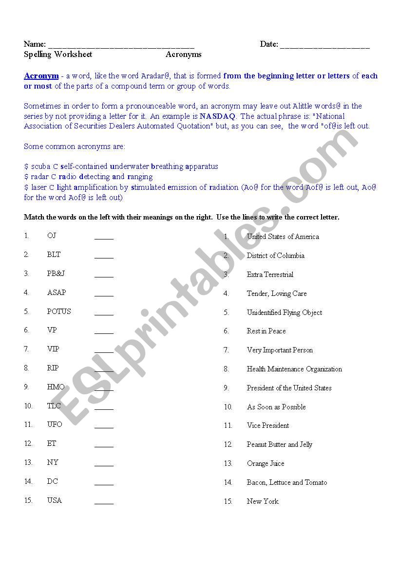 Acronym Worksheet worksheet