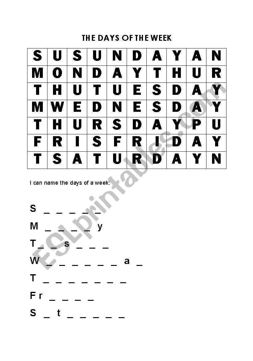 days of the week worksheet