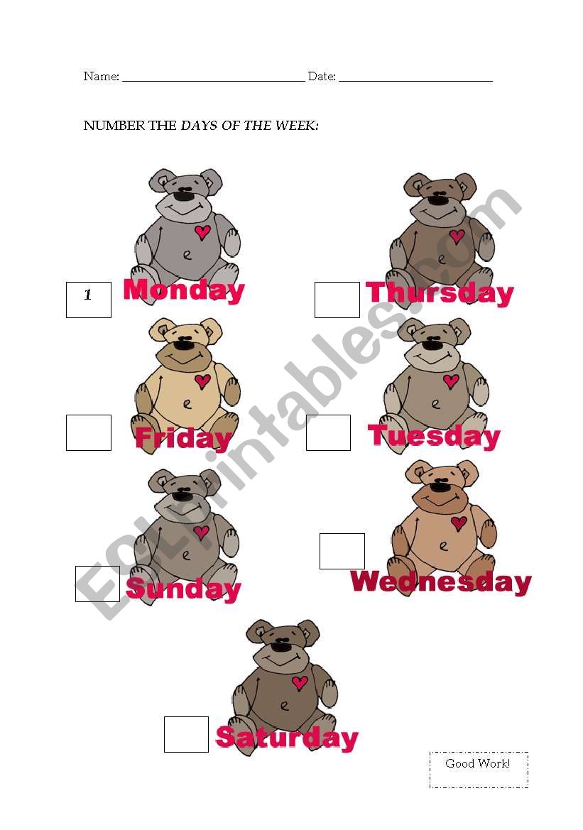 Ordering the days of the week worksheet