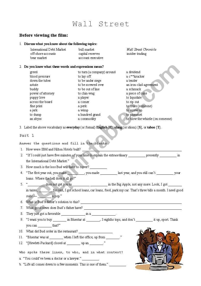 Wall Street (Film) exercise worksheet