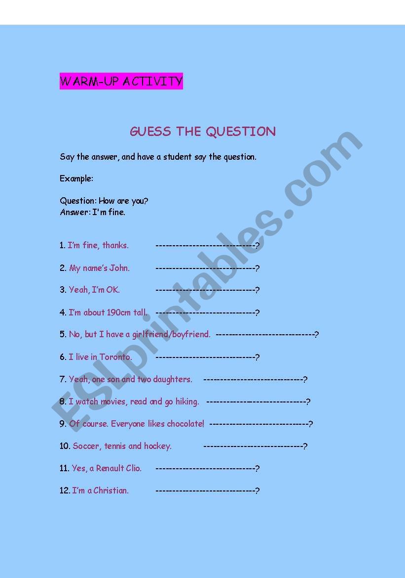 GUESS THE QUESTION worksheet