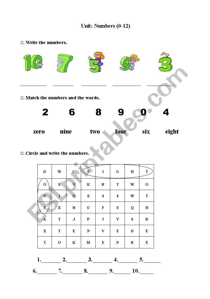 Numbers(0-12) partA worksheet